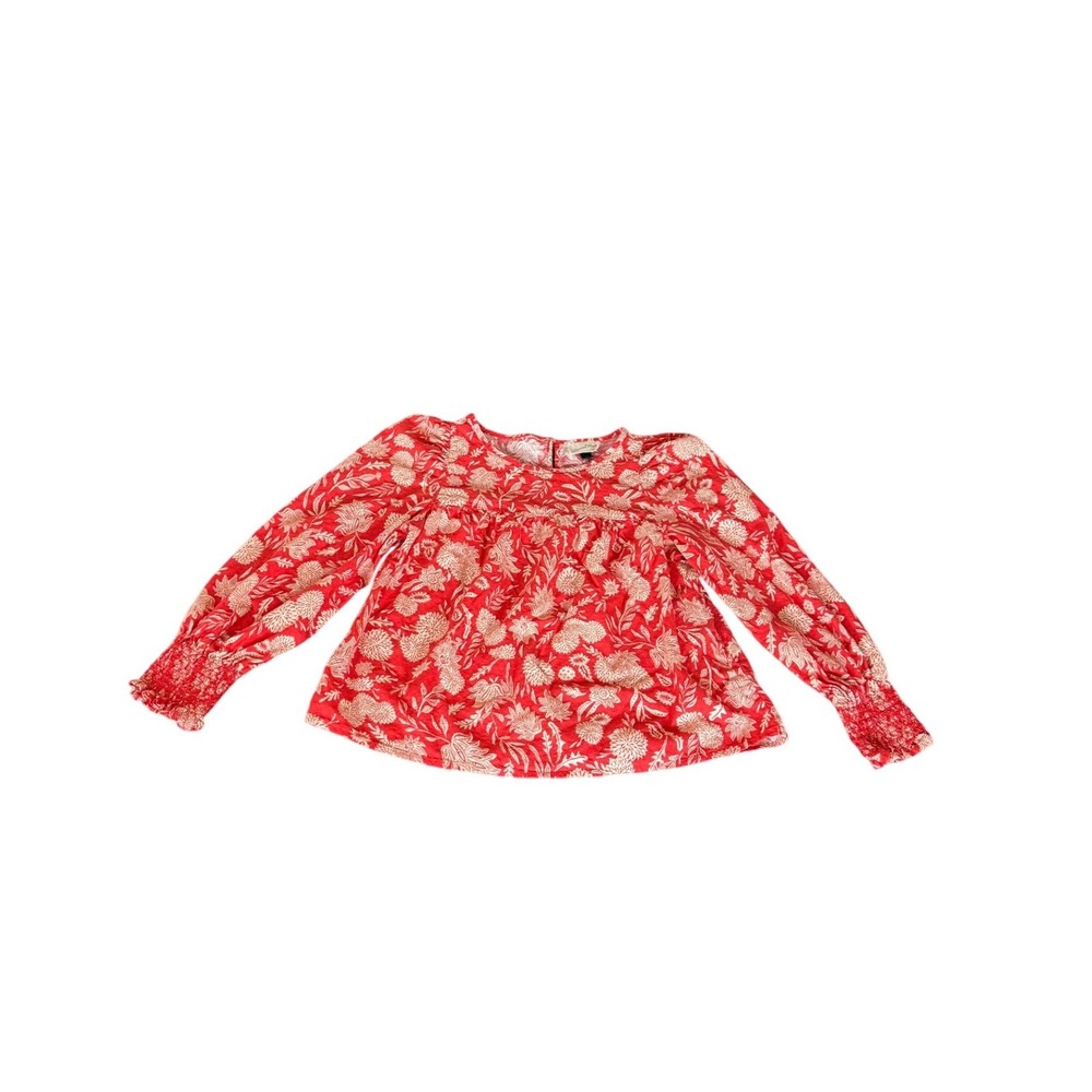 Universal Thread Red Floral Long Sleeve Blouse Smocked Cuffs Boho Top SZ XS